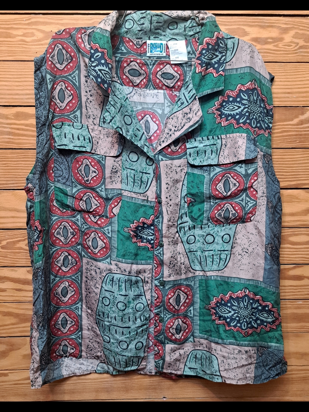 Womens Vintage  90s 100% Silk Abstract Tribal Print Button Up Sz 20W Cosby